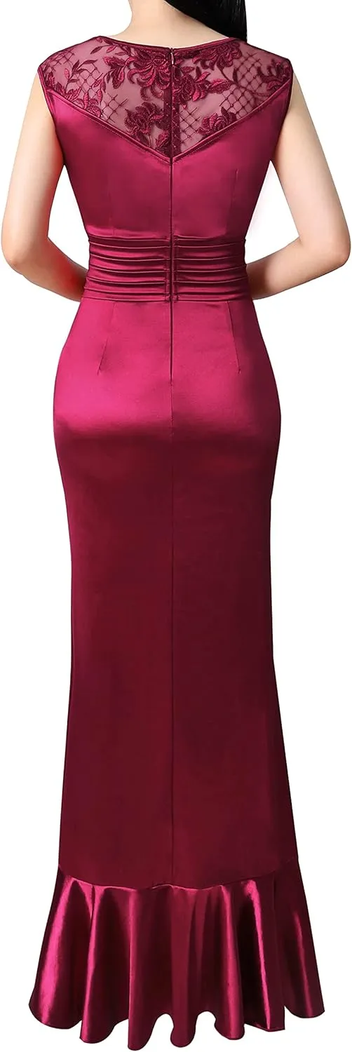 VFSHOW Womens Prom Illusion Sweetheart Formal Maxi Dress Cocktail Patchwork Ruched Ruffle High Split Evening Long Gown