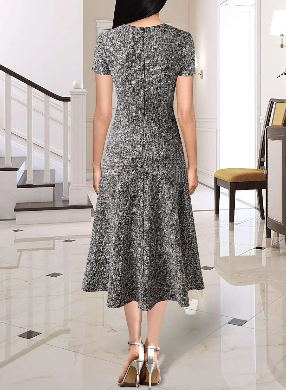 VFSHOW Womens Square Neck Vintage Retro Buttons Business Work Office Midi Mid-Calf A-Line Swing Dress