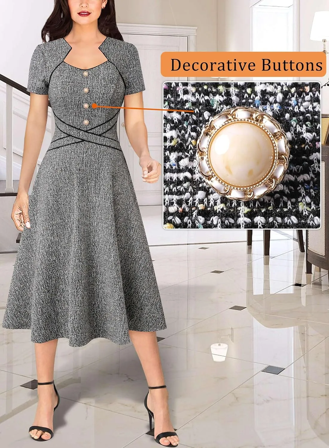 VFSHOW Womens Square Neck Vintage Retro Buttons Business Work Office Midi Mid-Calf A-Line Swing Dress