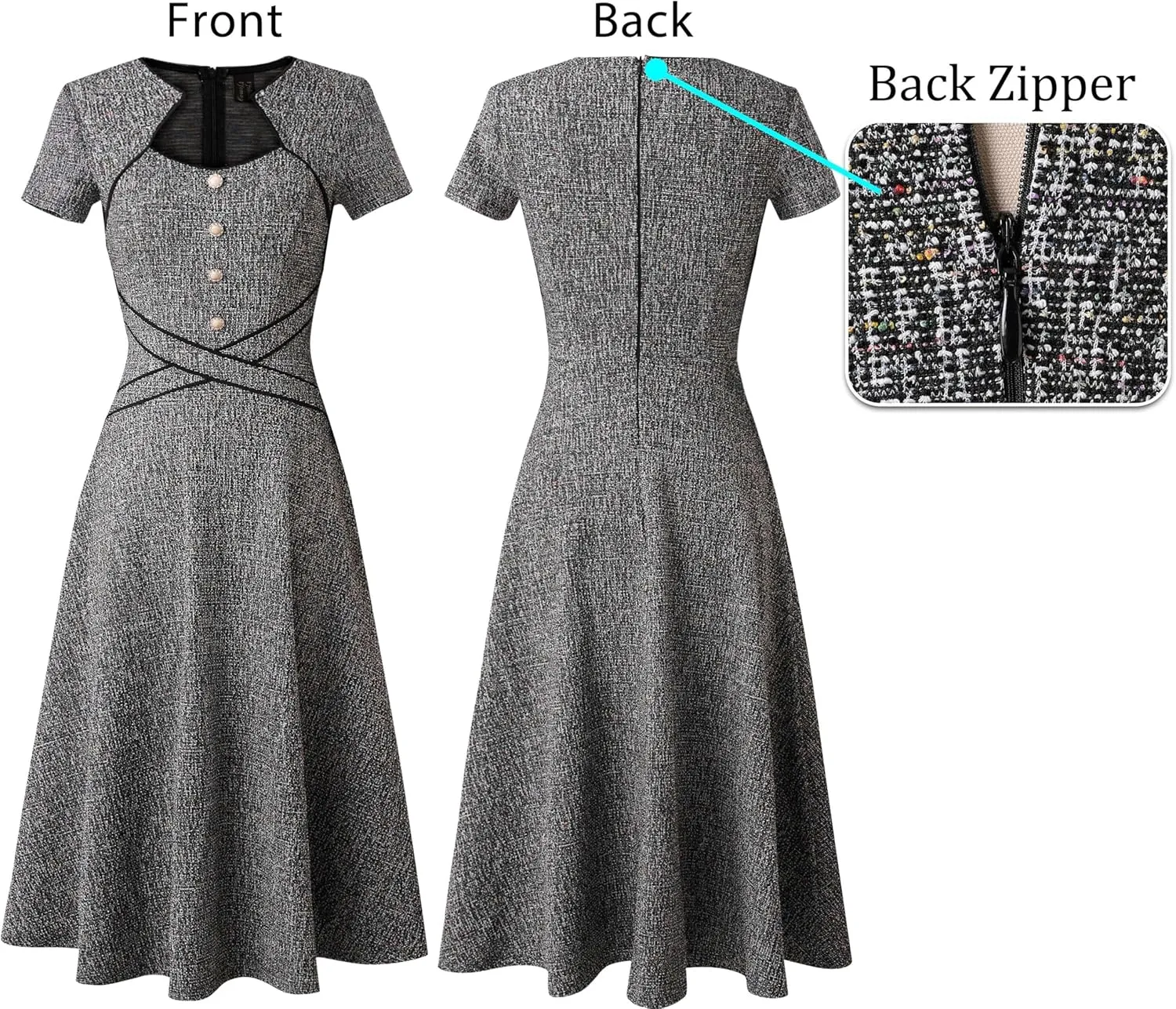 VFSHOW Womens Square Neck Vintage Retro Buttons Business Work Office Midi Mid-Calf A-Line Swing Dress