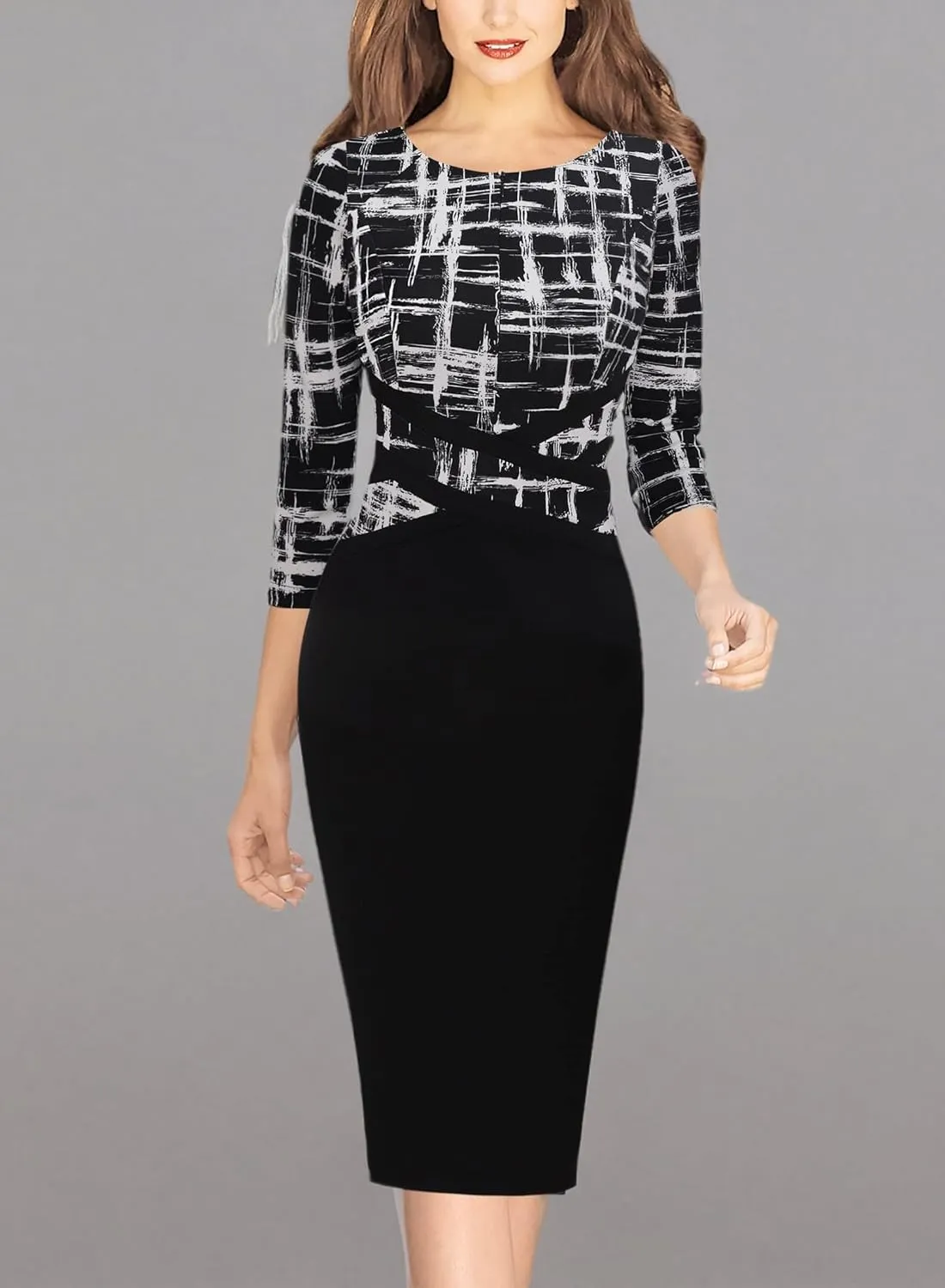 VFSHOW Womens Wear to Work Slim Colorblock Crisscross Waist Front Zipper Business Party Office Bodycon Pencil Sheath Dress