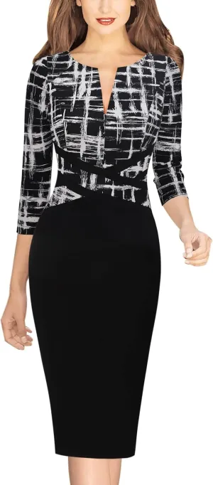 VFSHOW Womens Wear to Work Slim Colorblock Crisscross Waist Front Zipper Business Party Office Bodycon Pencil Sheath Dress
