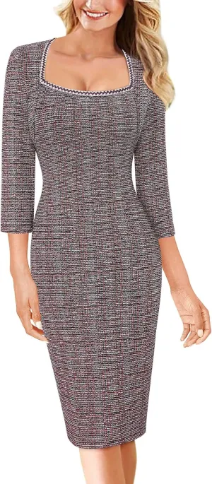 VFSHOW Womens Work Business Square Neck Bodycon Dress Office Retro Elegant Slim Fitted Pencil Sheath Dress