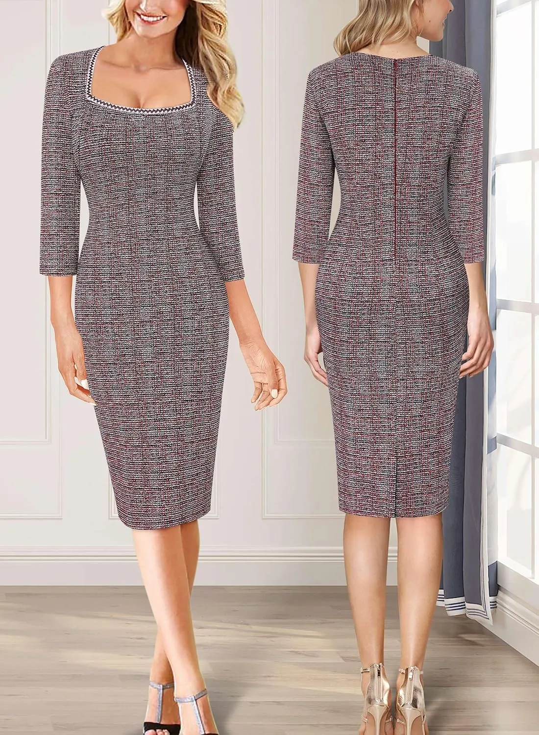 VFSHOW Womens Work Business Square Neck Bodycon Dress Office Retro Elegant Slim Fitted Pencil Sheath Dress