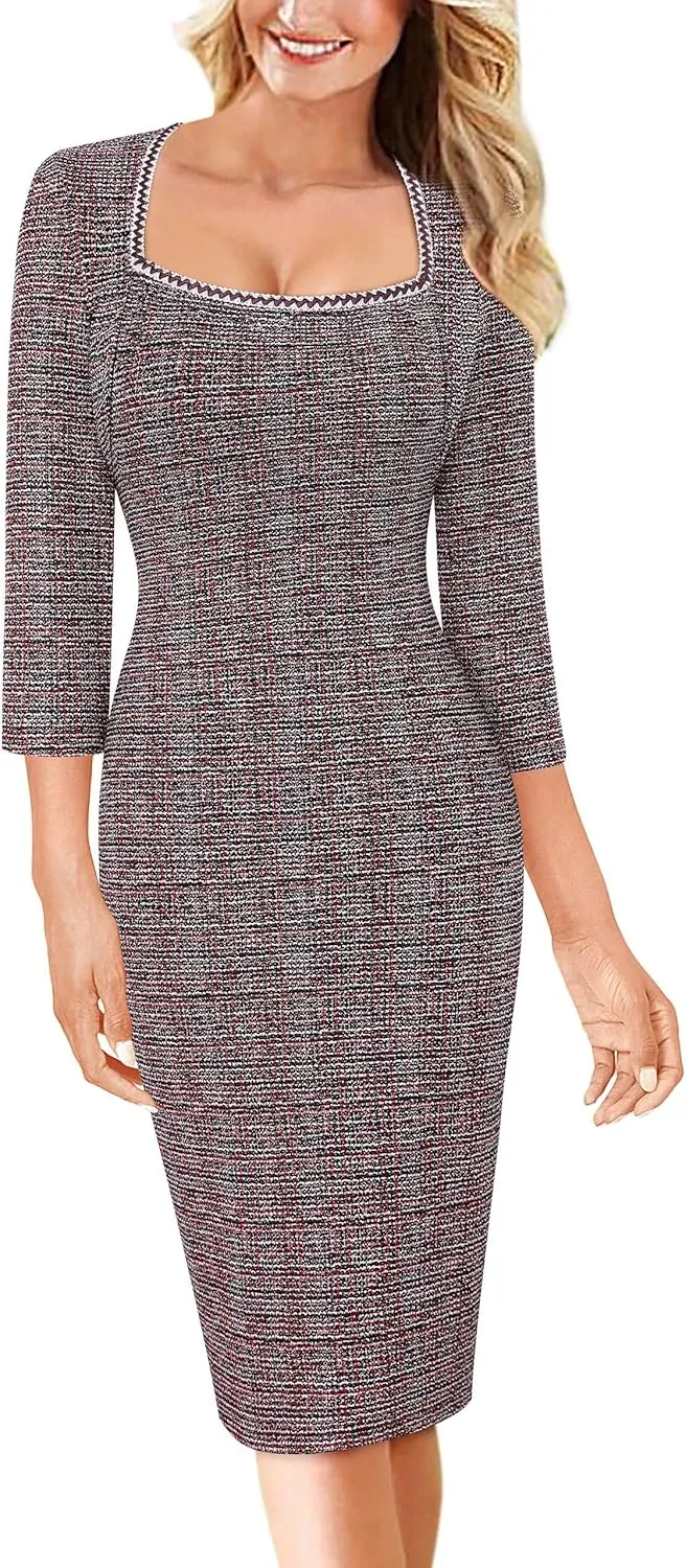 VFSHOW Womens Work Business Square Neck Bodycon Dress Office Retro Elegant Slim Fitted Pencil Sheath Dress