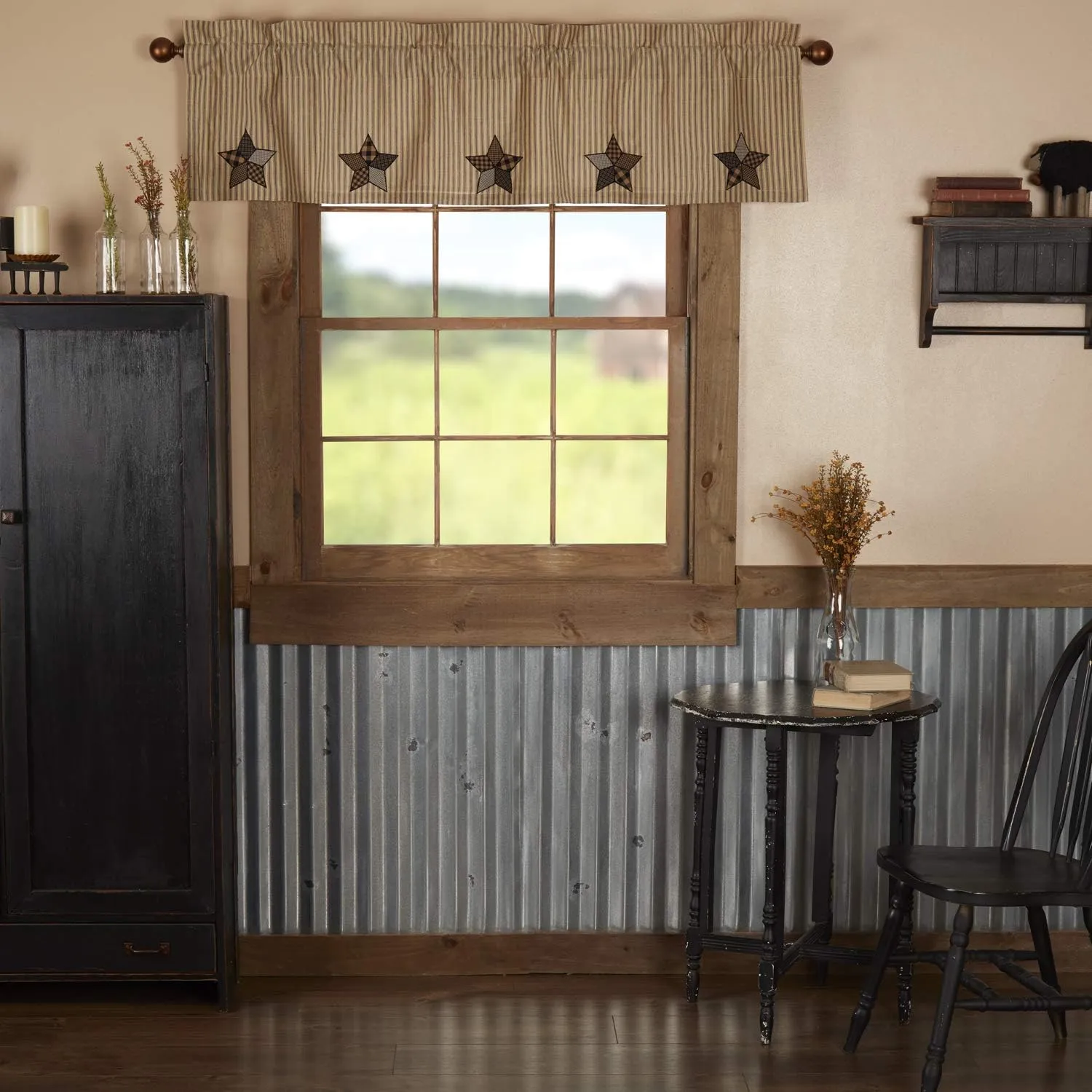 VHC Brands Farmhouse Star Appliqued Cotton Primitive Kitchen Curtains Rod Pocket Hanging Loops 16x60 Valance, Raven Black