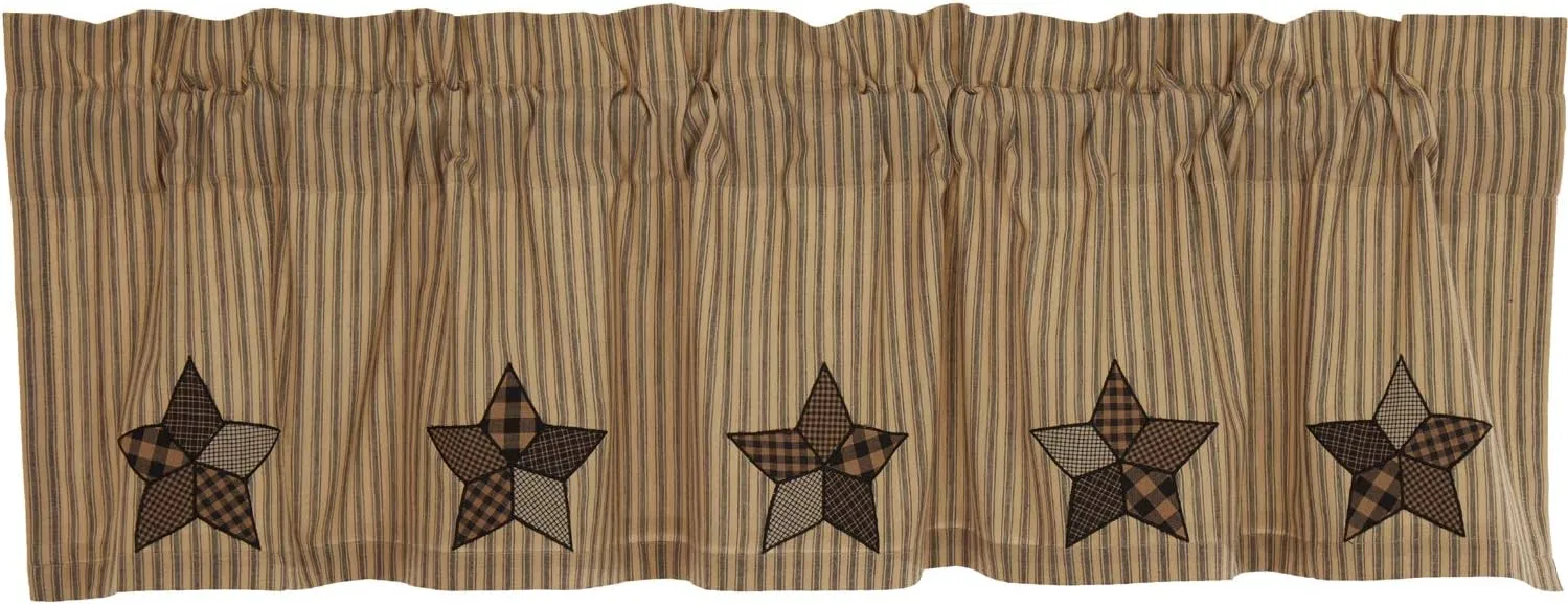 VHC Brands Farmhouse Star Appliqued Cotton Primitive Kitchen Curtains Rod Pocket Hanging Loops 16x60 Valance, Raven Black