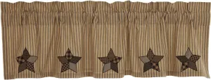 VHC Brands Farmhouse Star Appliqued Cotton Primitive Kitchen Curtains Rod Pocket Hanging Loops 16x60 Valance, Raven Black