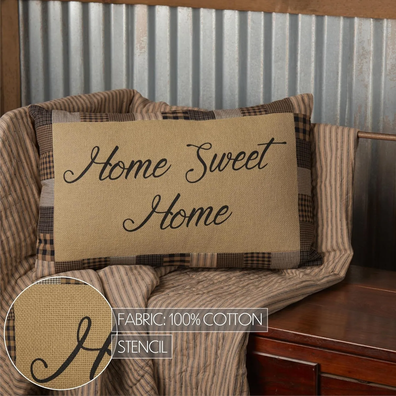 VHC Brands Farmhouse Star Home Sweet Text Cotton Burlap Primitive Bedding Stenciled 22x14 Filled Pillow, Natural Tan