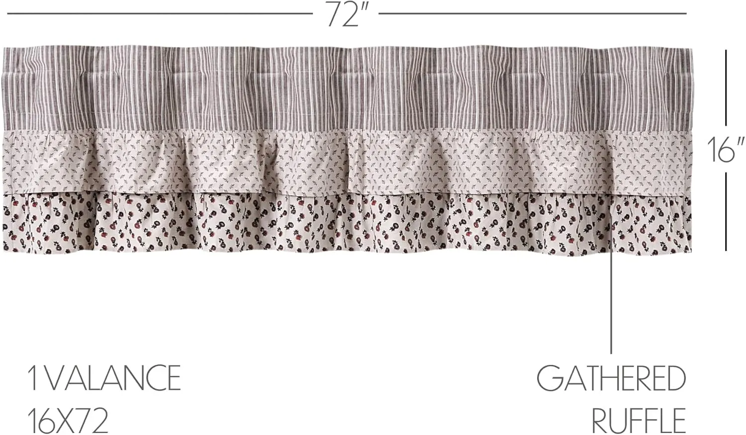 VHC Brands, Florette Ruffled Patchwork Valance, Brown, 16x72