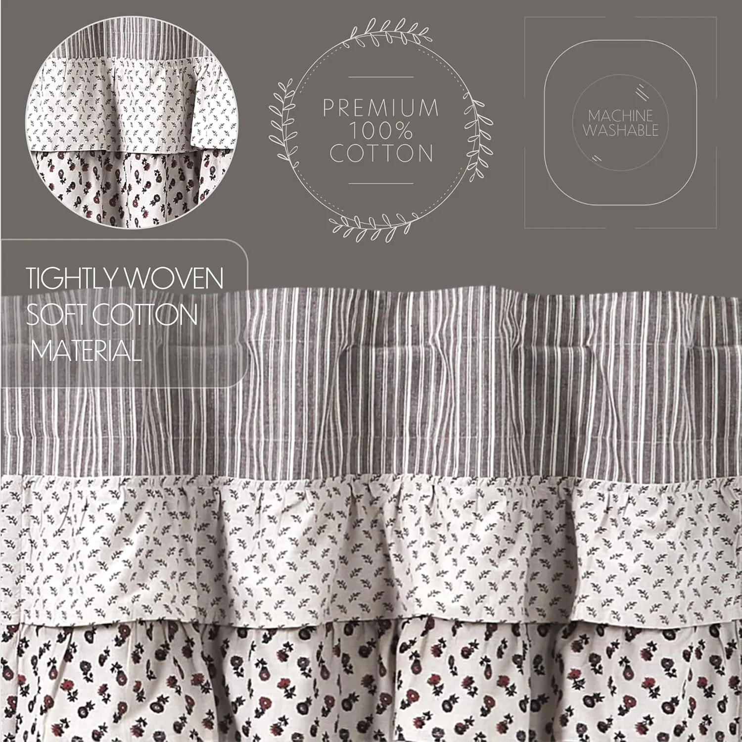 VHC Brands, Florette Ruffled Patchwork Valance, Brown, 16x72