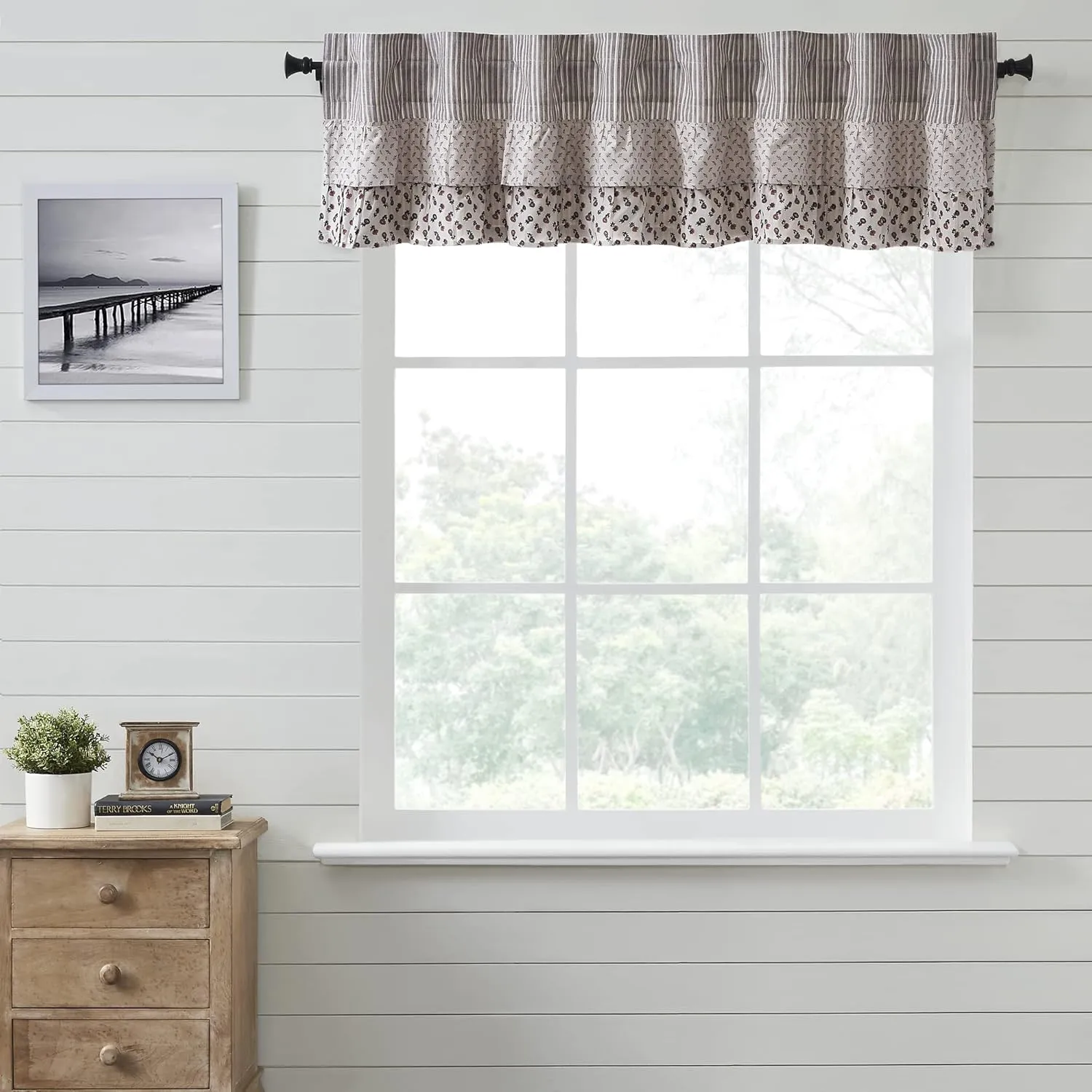 VHC Brands, Florette Ruffled Patchwork Valance, Brown, 16x72