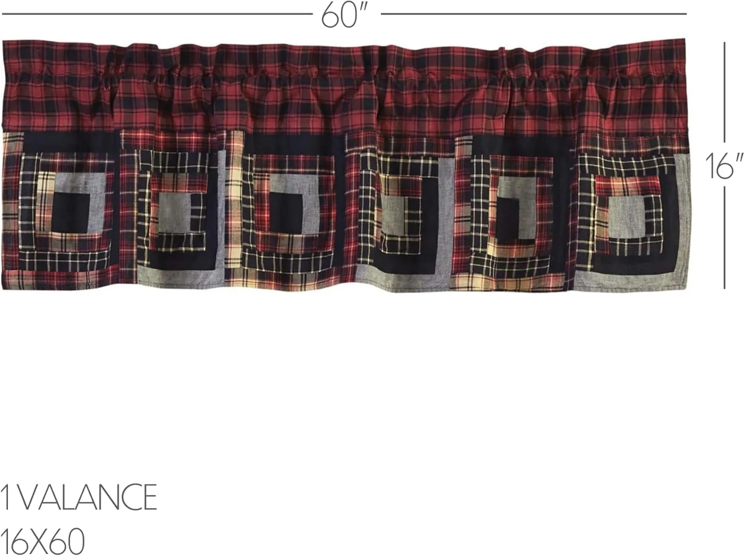 VHC Brands Rustic & Lodge Kitchen Window Cumberland Red Patchwork Curtain, Valance 16x60