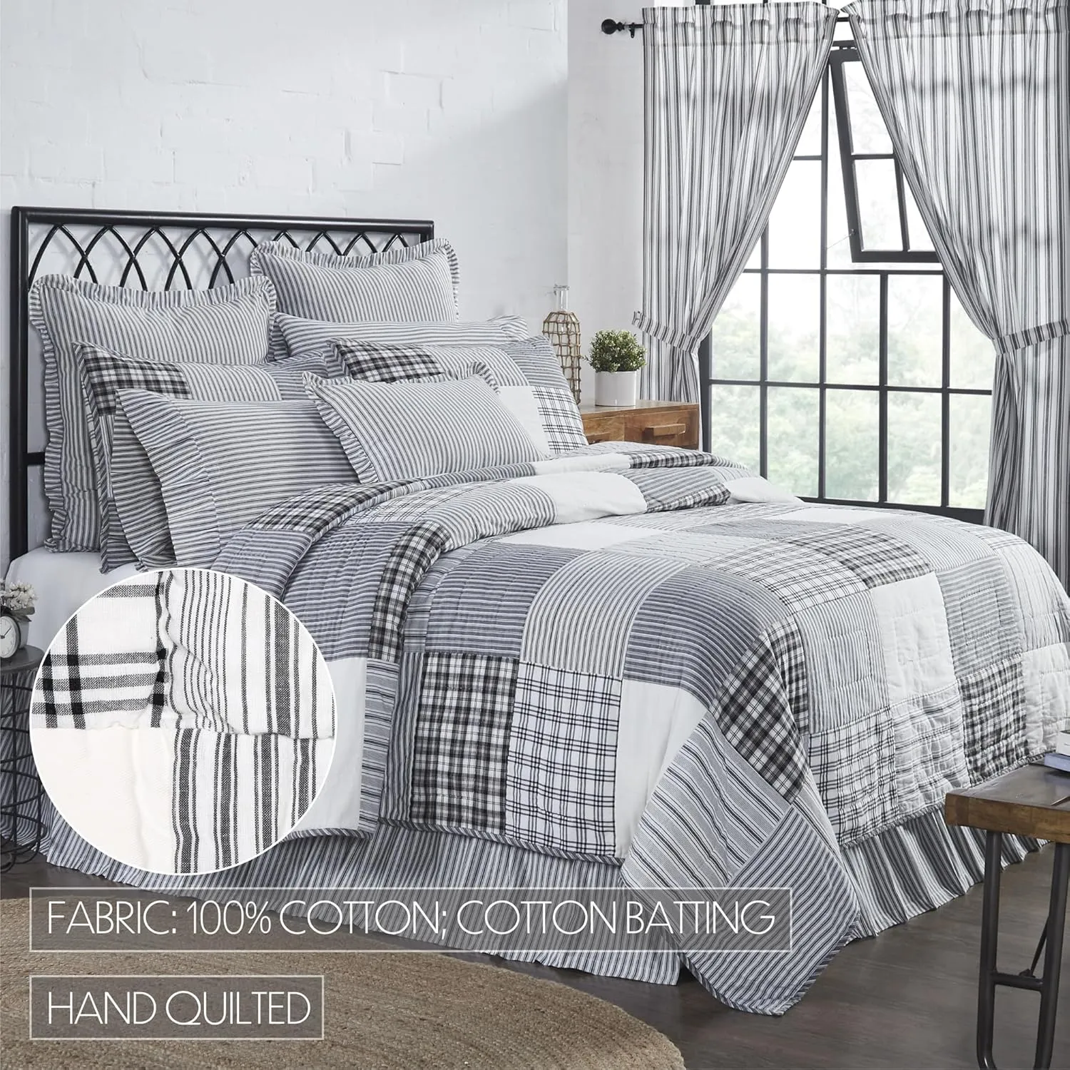 VHC Brands, Sawyer Mill Patchwork Reversible Queen Quilt, Black, 90x90