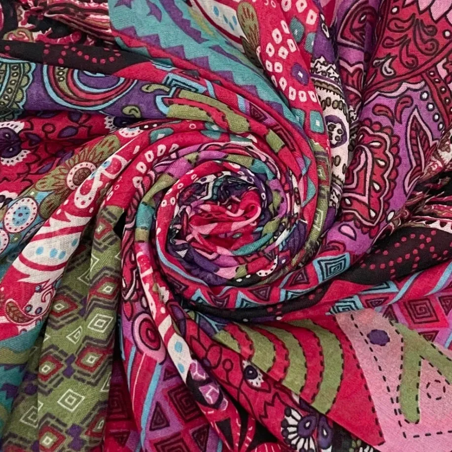 Vibrant Pink Patchwork Print Tassel Scarf