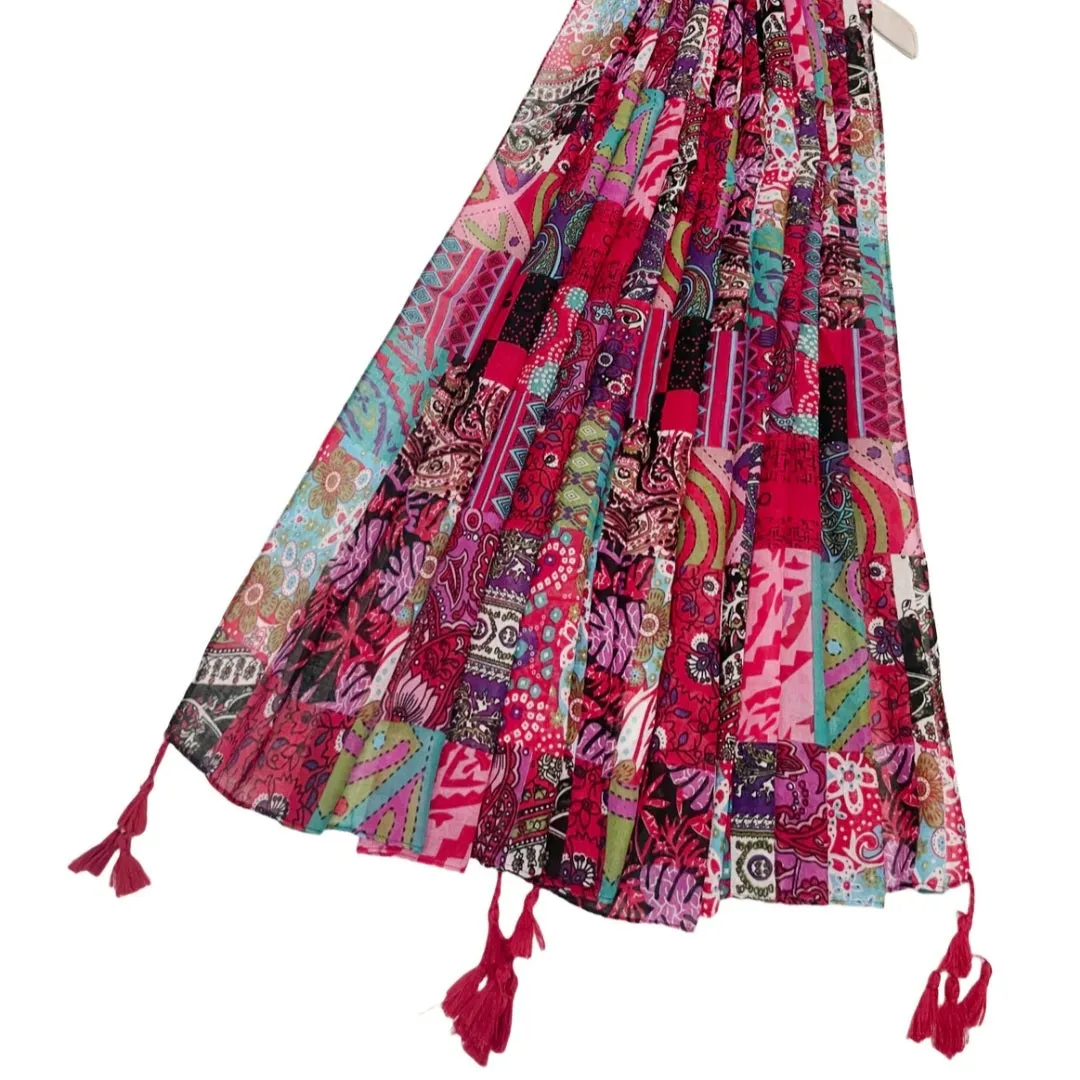 Vibrant Pink Patchwork Print Tassel Scarf