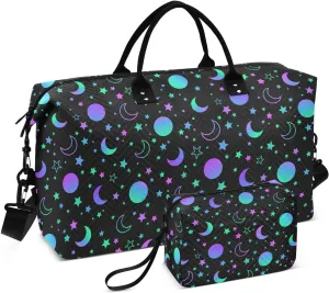 VIGTRO Travel Duffel Bag Weekender Overnight Bag with Toiletry Bag Mystical Bright Neon Printed, Carry On Luggage Bag Sun Moon Stars for Hospital Gym Travel Business, 2 Pcs Set