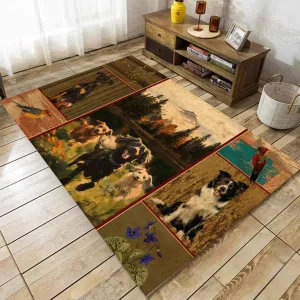 Vintage Animal Dog Area Rug, 5x8ft, Rustic Cabin Forest Mountain Cute Black and White Puppy Floor Rug, Purple Floral Wood Board Bird Patchwork Design Feature Rug for Bedroom Bedside