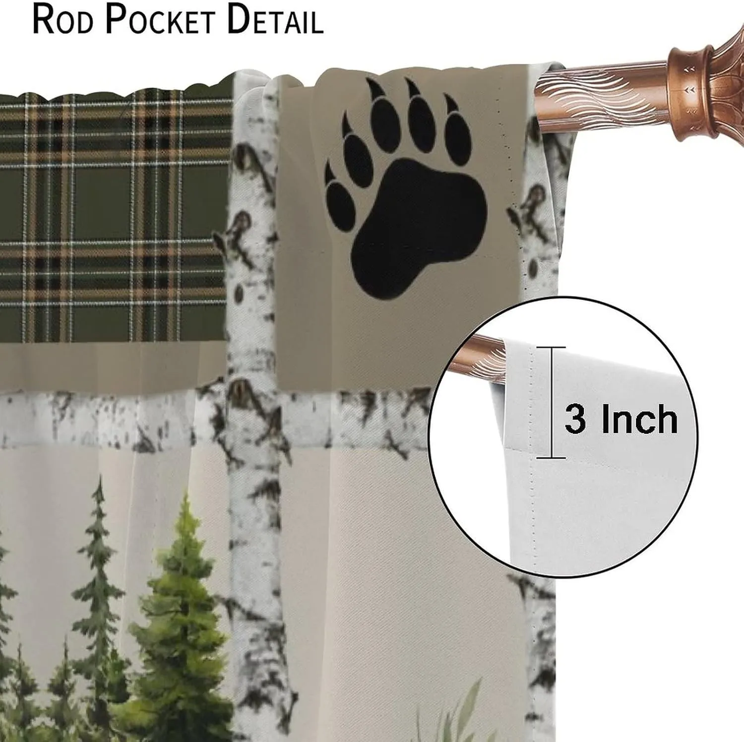 Vintage Bear Country Bedroom Window Curtains, Woodland Wildlife Paw Print Dried Branches Patchwork Print Curtains 42x45 Inch,Green-5