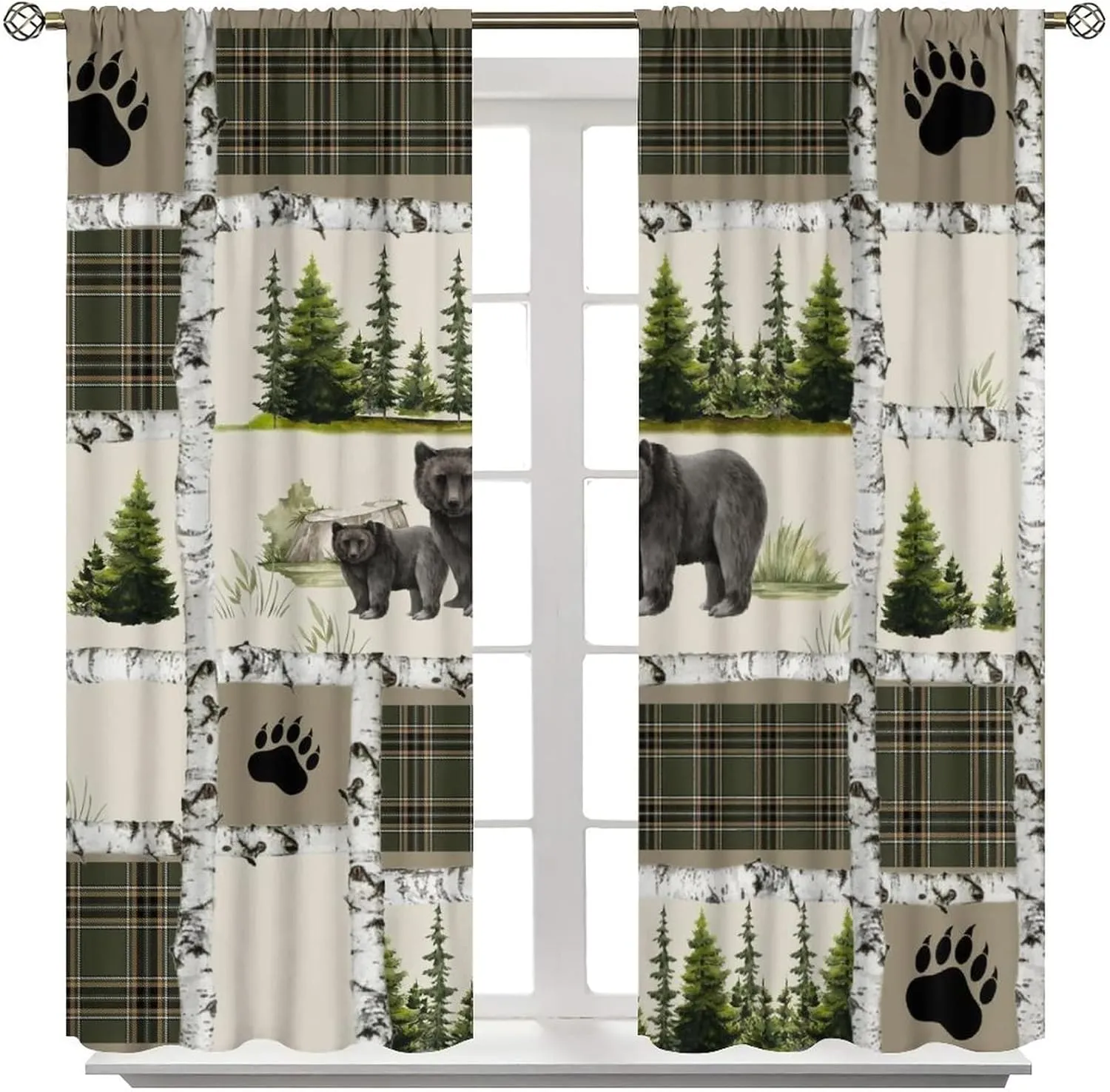 Vintage Bear Country Bedroom Window Curtains, Woodland Wildlife Paw Print Dried Branches Patchwork Print Curtains 42x45 Inch,Green-5