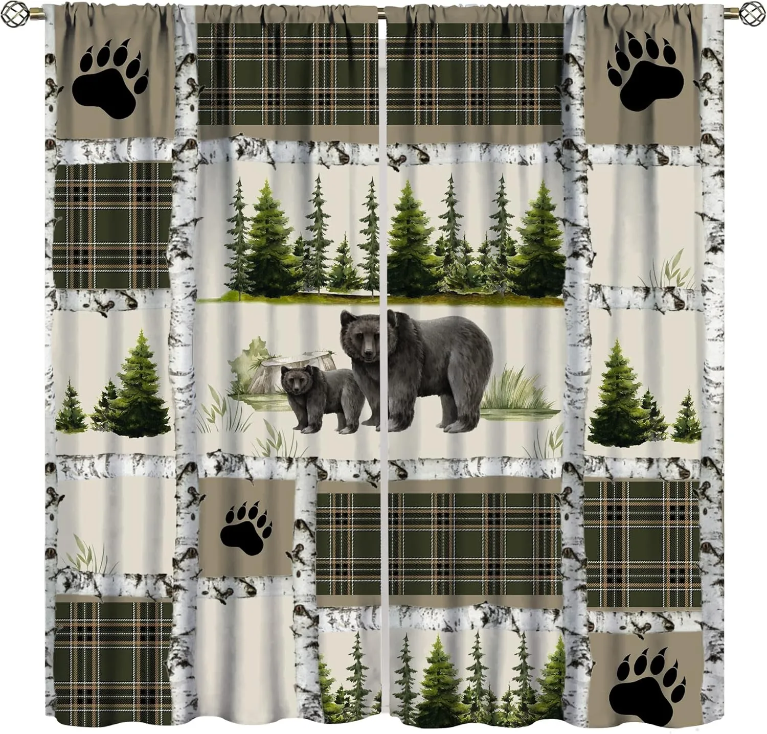 Vintage Bear Country Bedroom Window Curtains, Woodland Wildlife Paw Print Dried Branches Patchwork Print Curtains 42x45 Inch,Green-5
