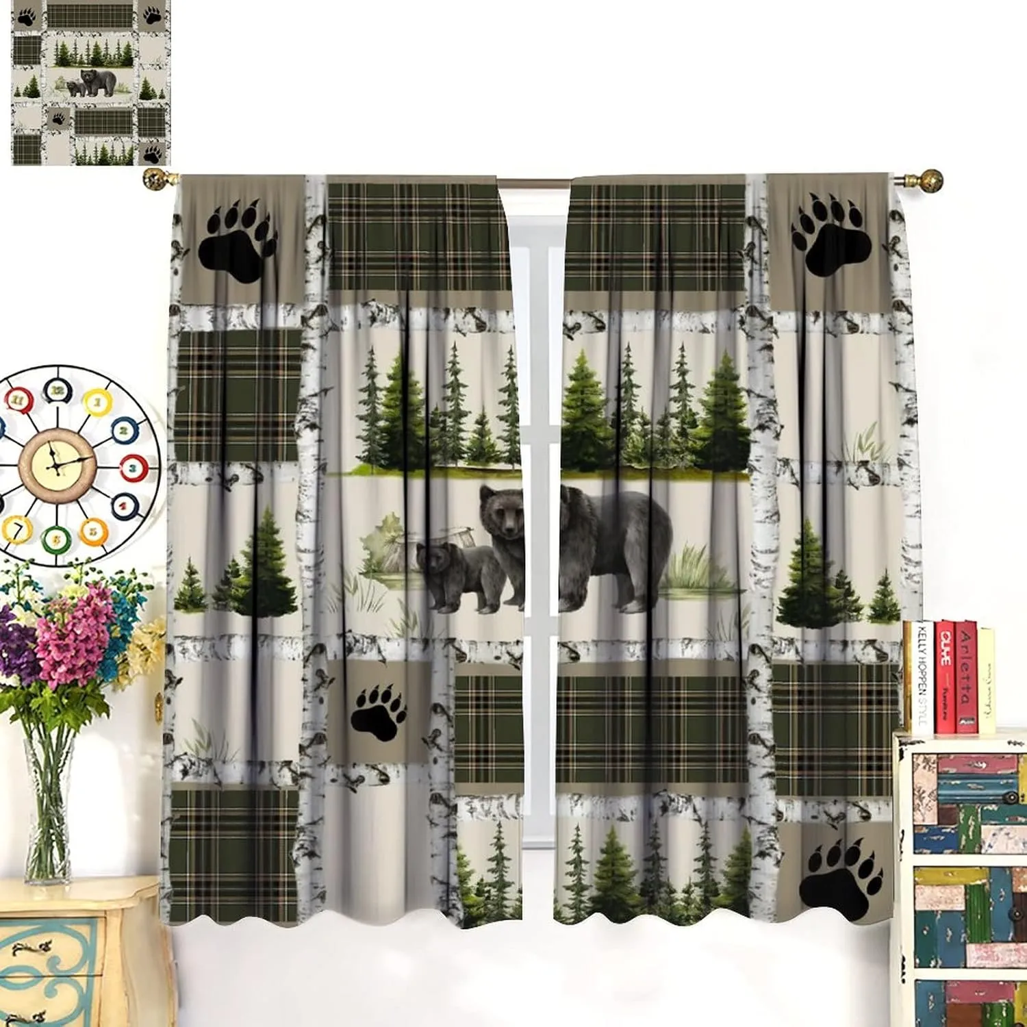 Vintage Bear Country Bedroom Window Curtains, Woodland Wildlife Paw Print Dried Branches Patchwork Print Curtains 42x45 Inch,Green-5