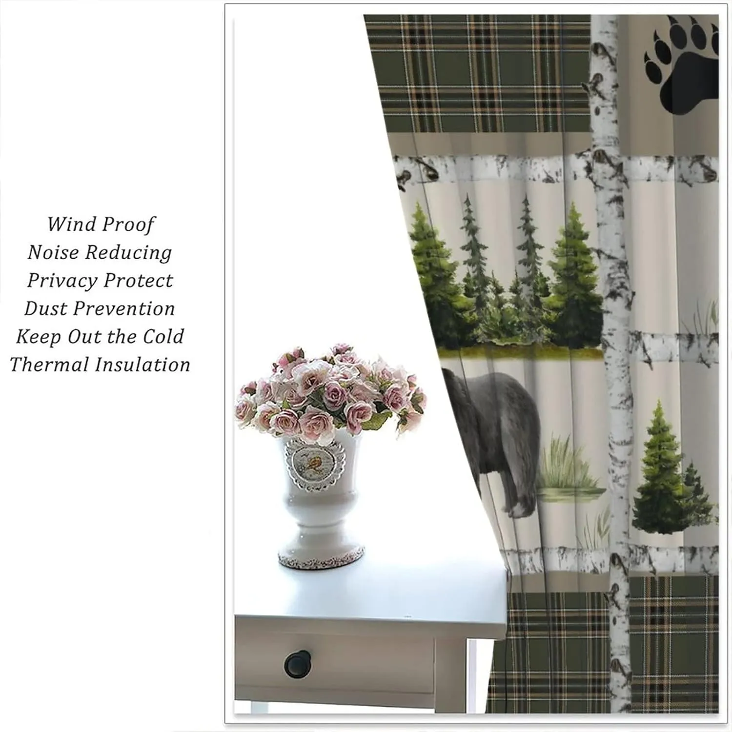 Vintage Bear Country Bedroom Window Curtains, Woodland Wildlife Paw Print Dried Branches Patchwork Print Curtains 42x45 Inch,Green-5
