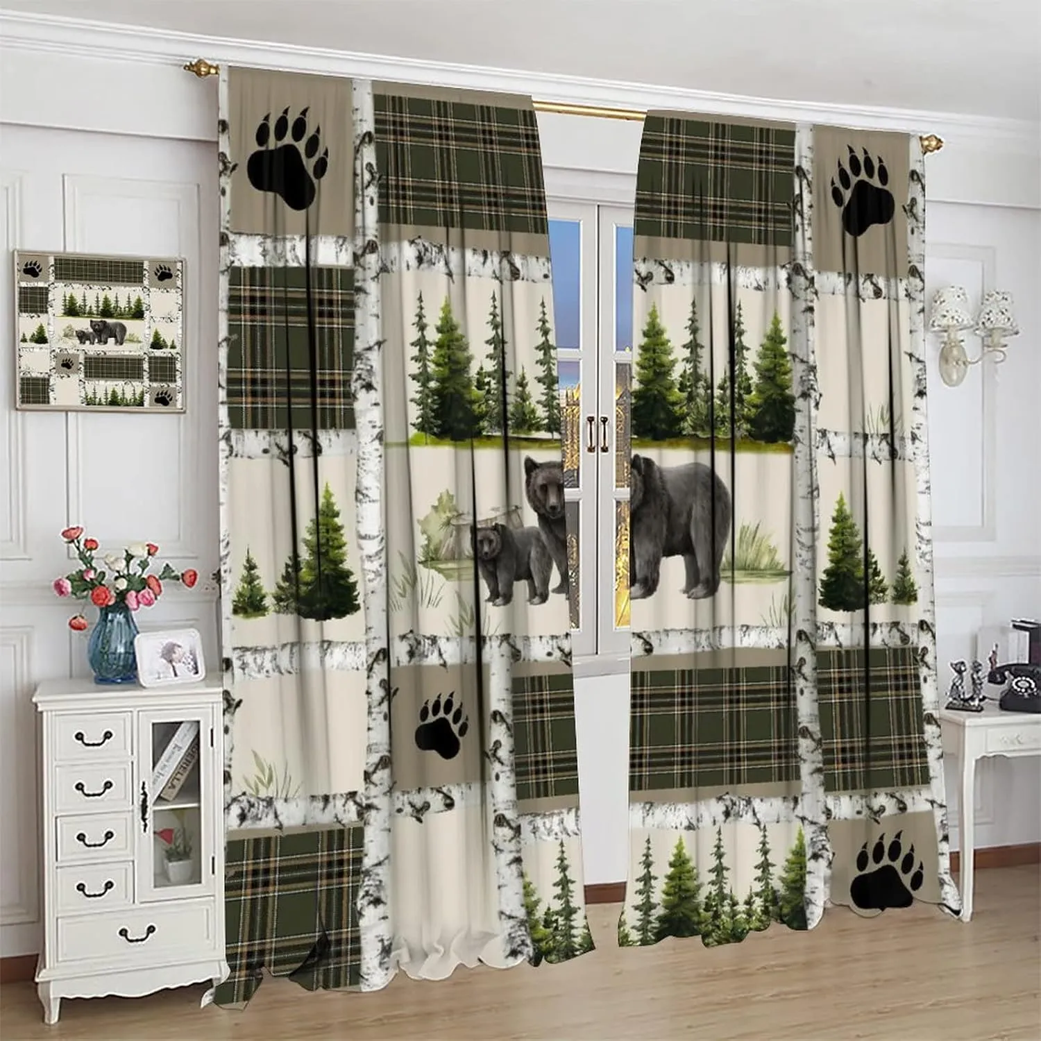 Vintage Bear Country Bedroom Window Curtains, Woodland Wildlife Paw Print Dried Branches Patchwork Print Curtains 42x45 Inch,Green-5