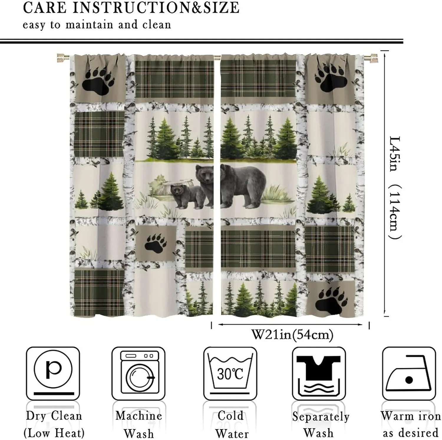 Vintage Bear Country Bedroom Window Curtains, Woodland Wildlife Paw Print Dried Branches Patchwork Print Curtains 42x45 Inch,Green-5