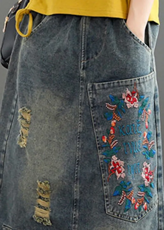 Vintage Grey Asymmetrical Embroideried Patchwork High Waist Denim Maxi Skirts