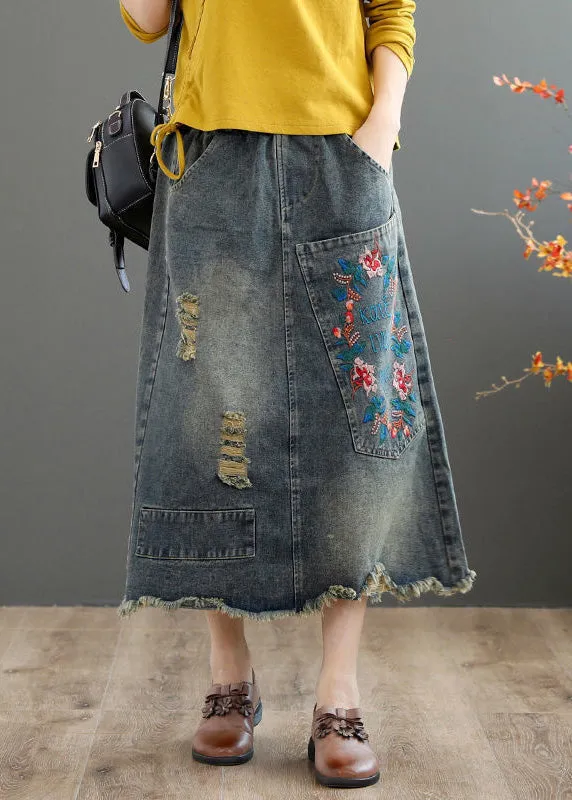 Vintage Grey Asymmetrical Embroideried Patchwork High Waist Denim Maxi Skirts