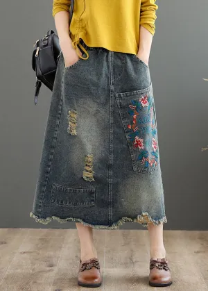 Vintage Grey Asymmetrical Embroideried Patchwork High Waist Denim Maxi Skirts