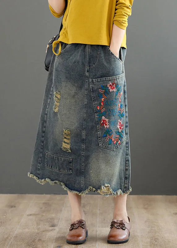 Vintage Grey Asymmetrical Embroideried Patchwork High Waist Denim Maxi Skirts
