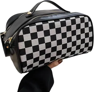Vintage Makeup Bag for Women Portable Retro Checkered Pattern Cosmetic Organizer Patchwork Style Pillow Storage Pouch Skincare Storage Bag Large Capacity Elegant Handheld Waterproof Handbag (Black-L)