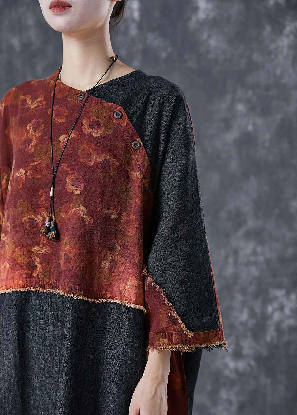 Vintage Orange Asymmetrical Denim Patchwork Linen Dress