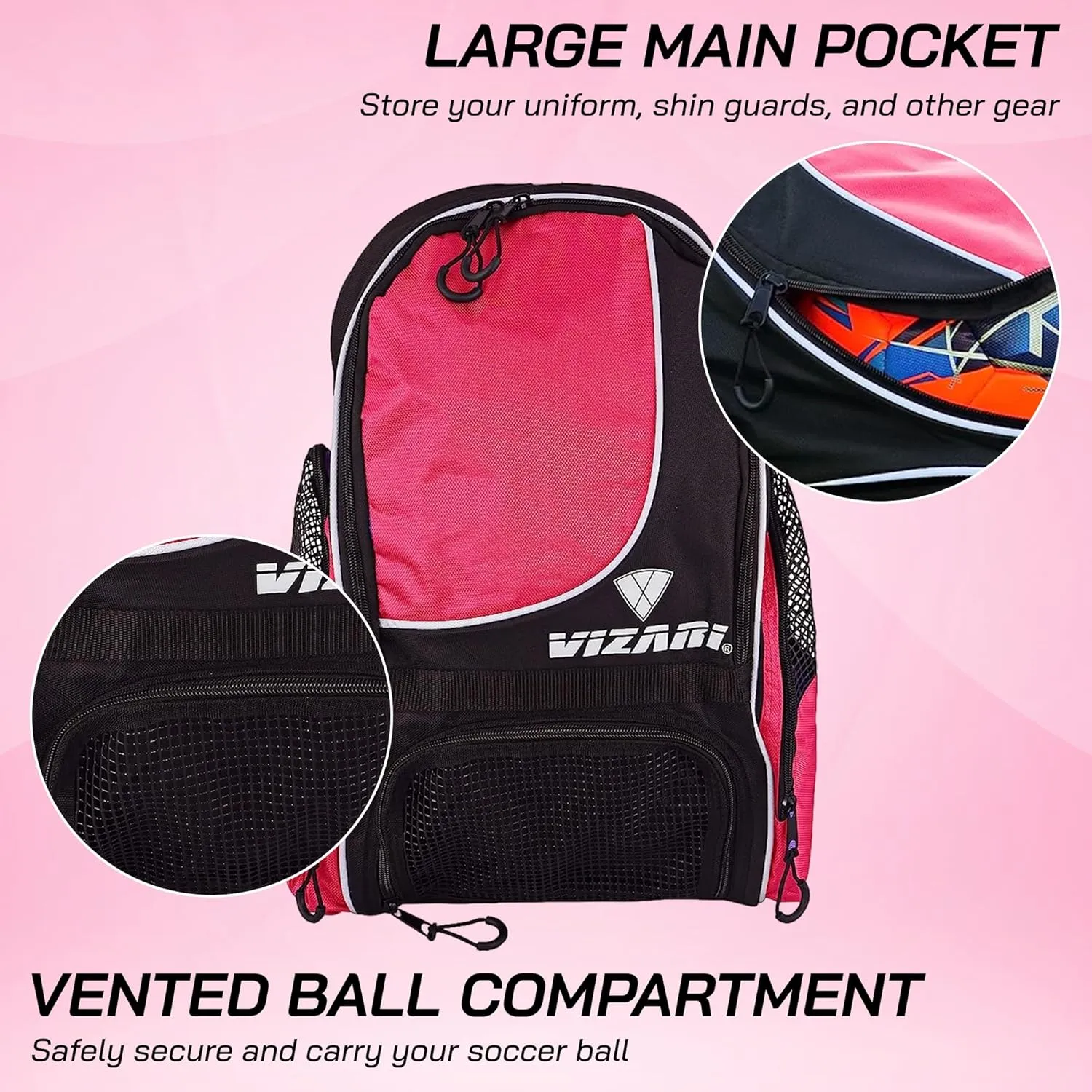 Vizari Solano Soccer Backpack With Ball Compartment and Vented Ball Pocket and Mesh Side Cargo Pockets for Adults and Teens