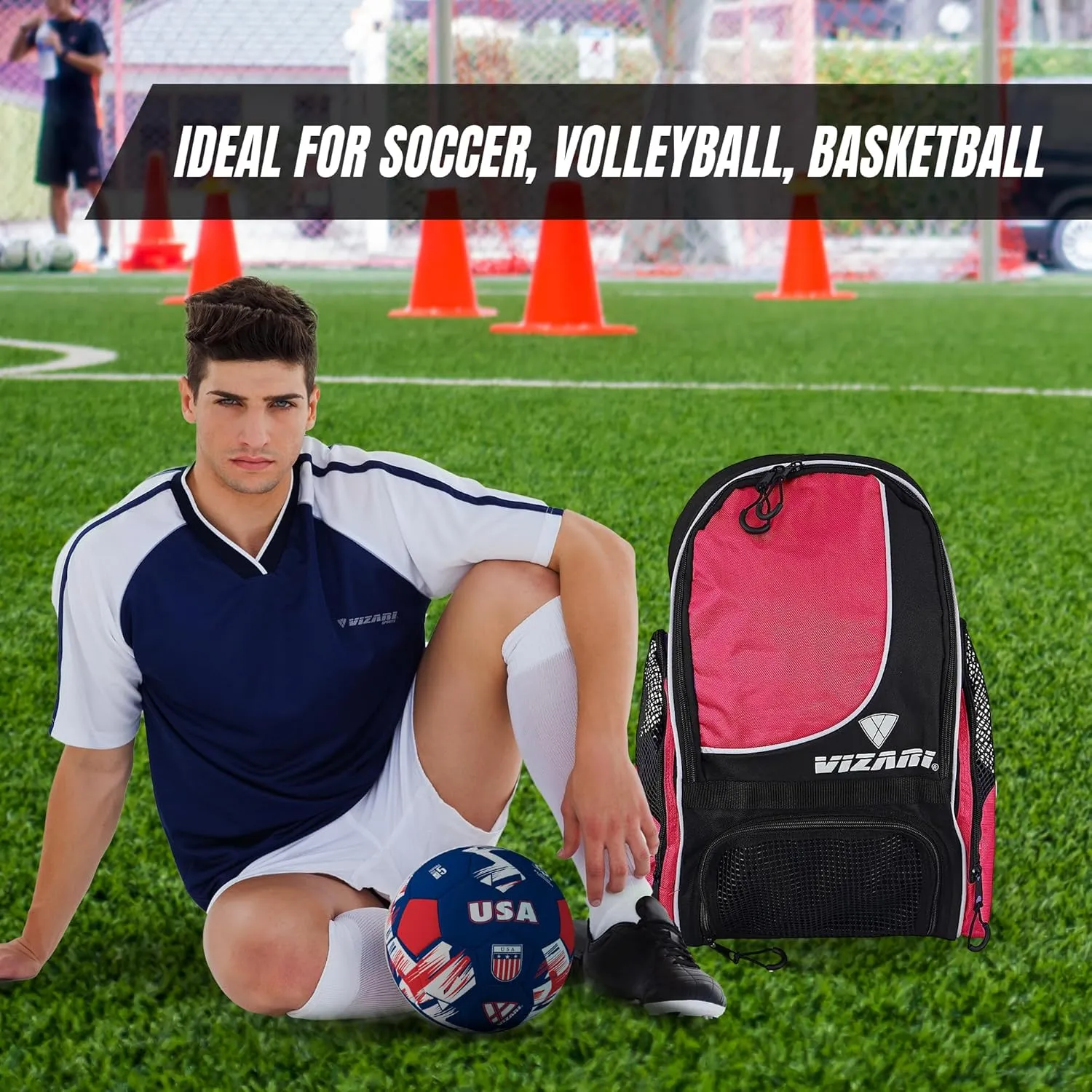 Vizari Solano Soccer Backpack With Ball Compartment and Vented Ball Pocket and Mesh Side Cargo Pockets for Adults and Teens