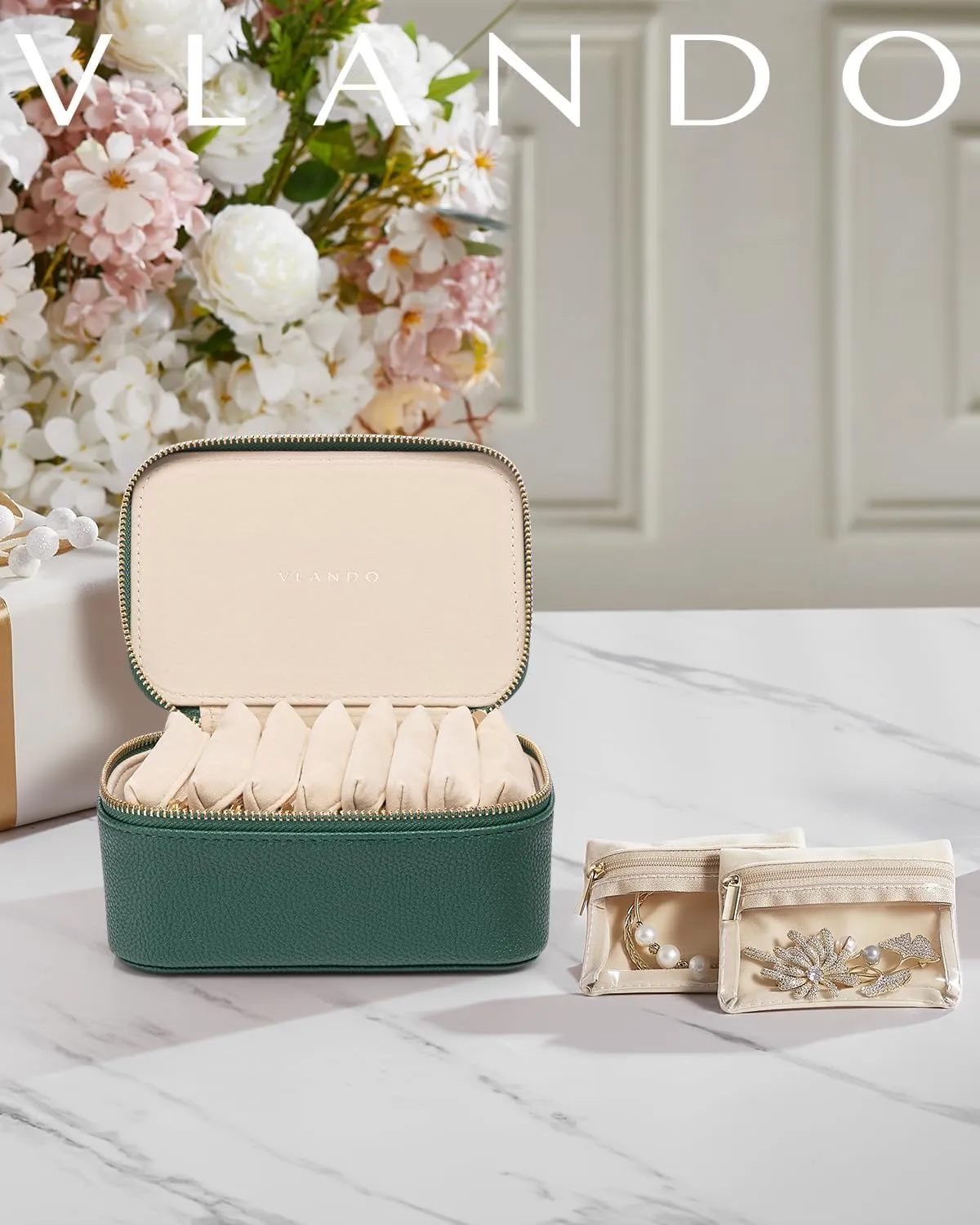 Vlando Jewelry Box with 8 Velvet Jewelry Bags Travel Jewelry Storage Box Petal Hardware Jewelry Organizer for Necklace Rings Earrings Women Gifts for Christmas Birthday-Green