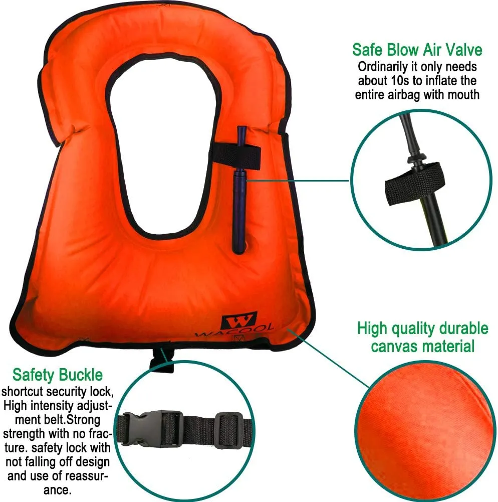 WACOOL Inflatable Snorkel Diving Swimming Scuba Vest Jacket large buoyancy Up to 220 lbs for Adult Youth Kids