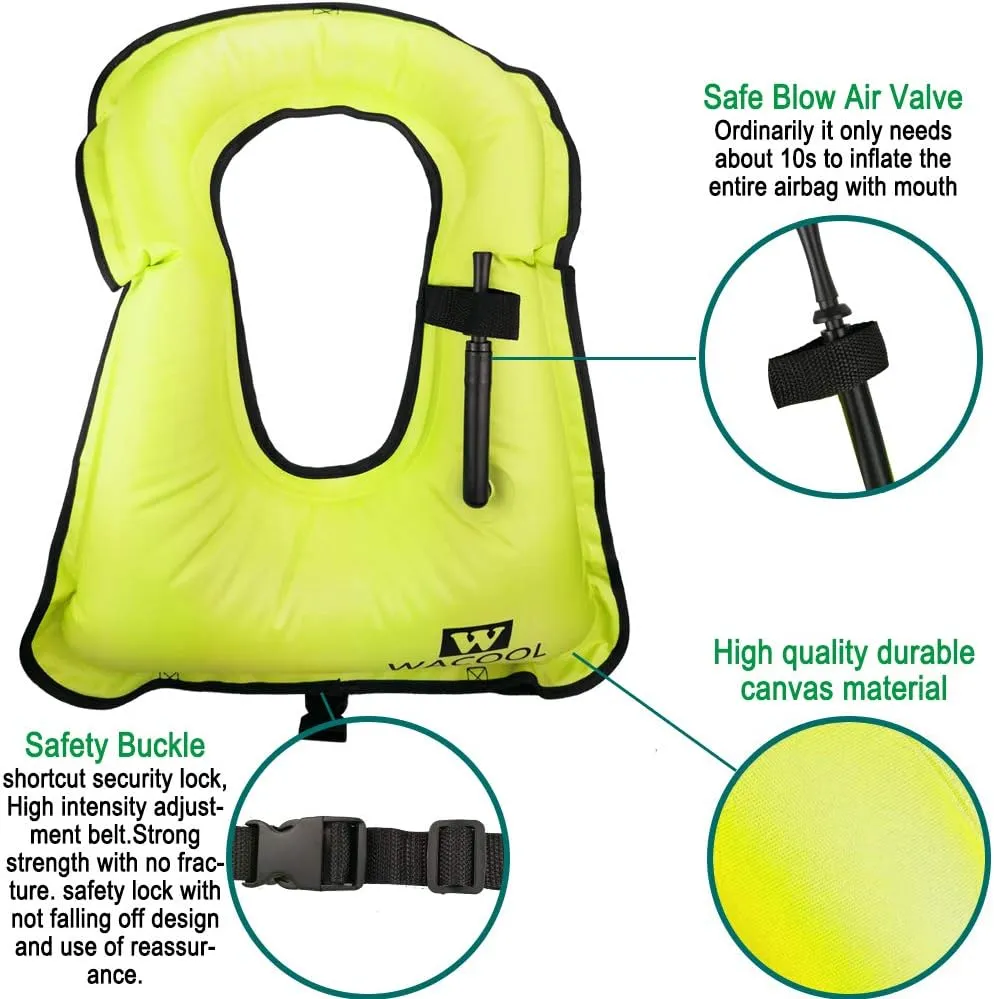 WACOOL Inflatable Snorkel Diving Swimming Scuba Vest Jacket large buoyancy Up to 220 lbs for Adult Youth Kids