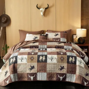 Wake In Cloud - Western Quilt Set, Southwestern Aztec Country Horse Cowboy Ranch Tribal Native American, Reversible Lightweight Bedspread Coverlet, 3 Pieces, Tan Brown, Queen/Full Size