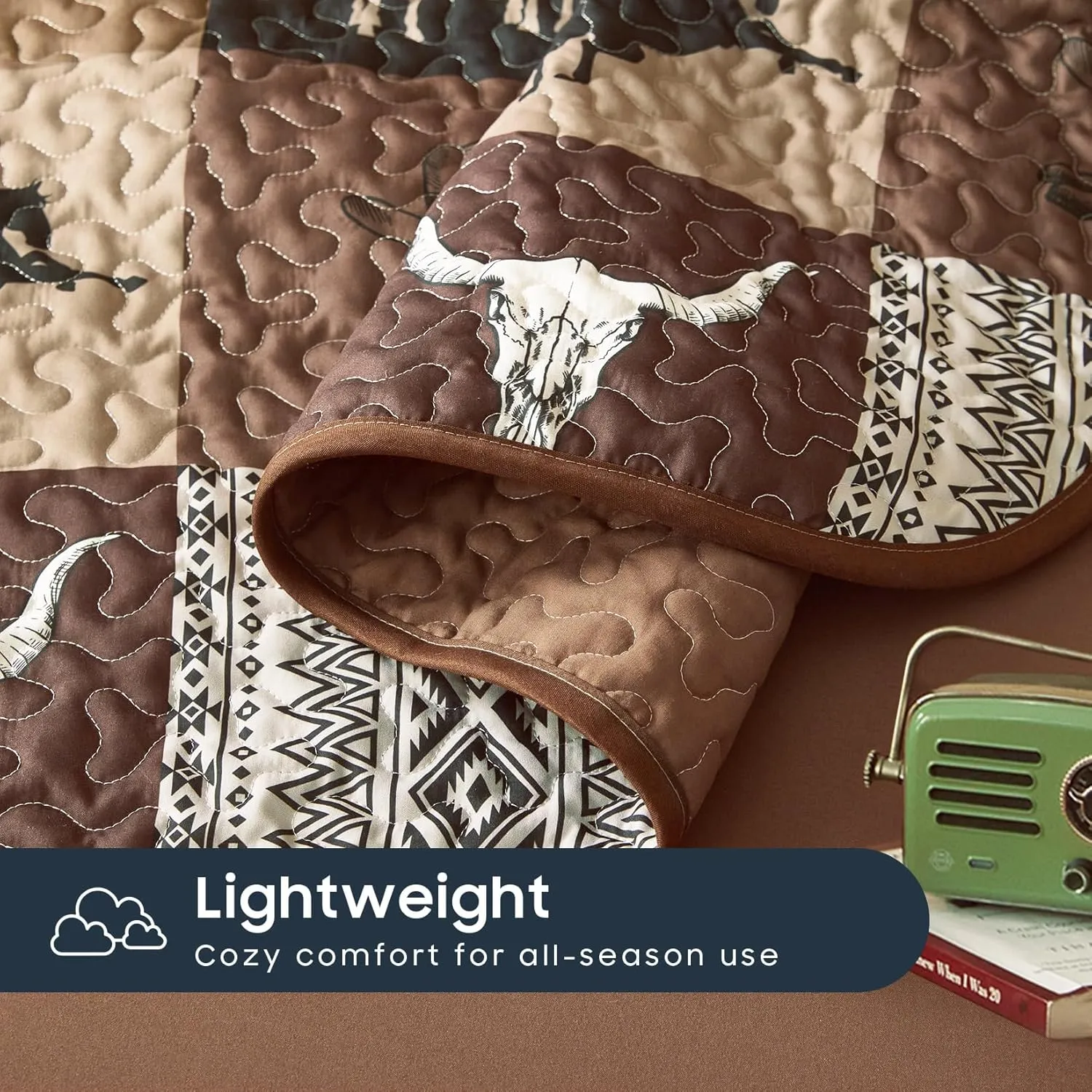 Wake In Cloud - Western Quilt Set, Southwestern Aztec Country Horse Cowboy Ranch Tribal Native American, Reversible Lightweight Bedspread Coverlet, 3 Pieces, Tan Brown, Queen/Full Size
