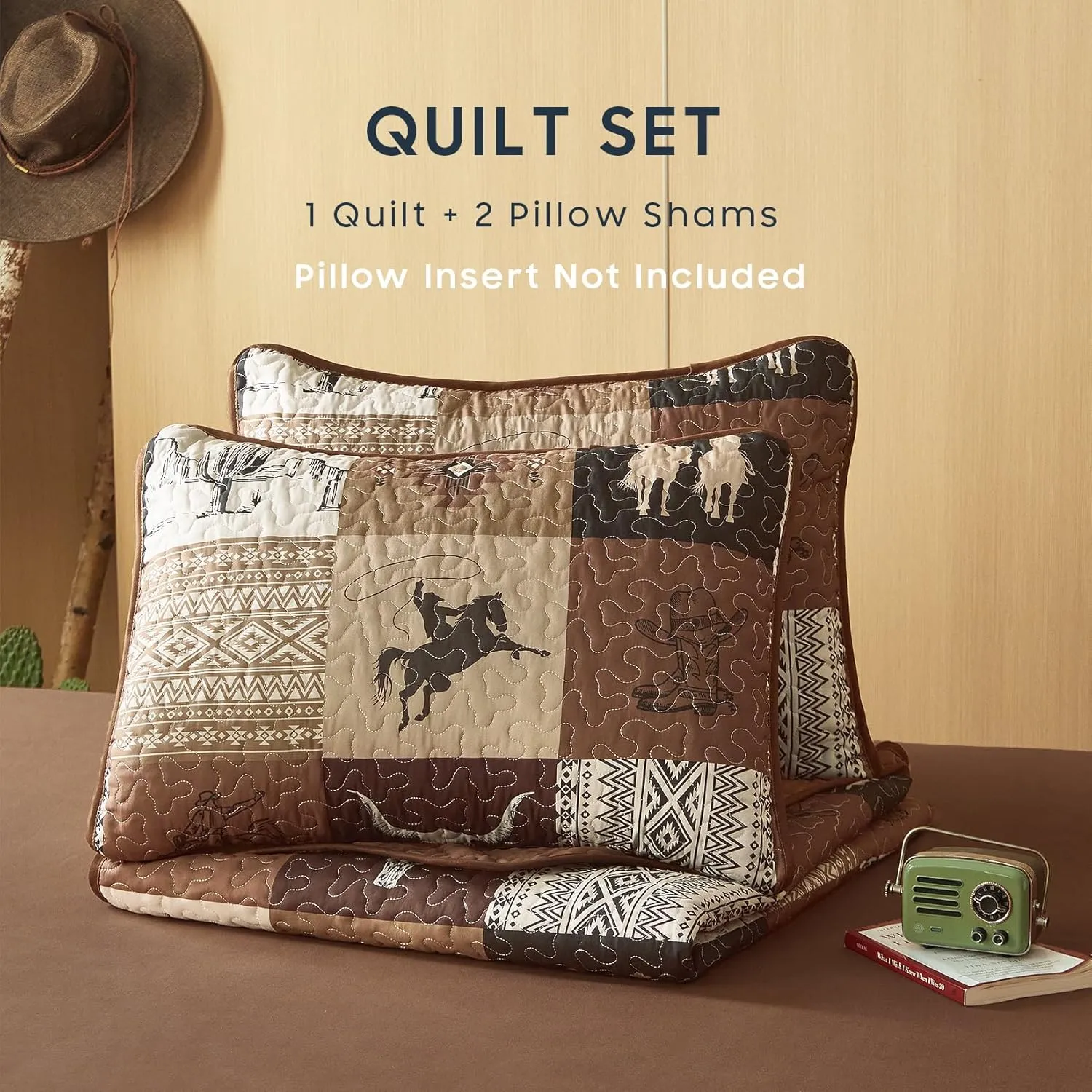 Wake In Cloud - Western Quilt Set, Southwestern Aztec Country Horse Cowboy Ranch Tribal Native American, Reversible Lightweight Bedspread Coverlet, 3 Pieces, Tan Brown, Queen/Full Size