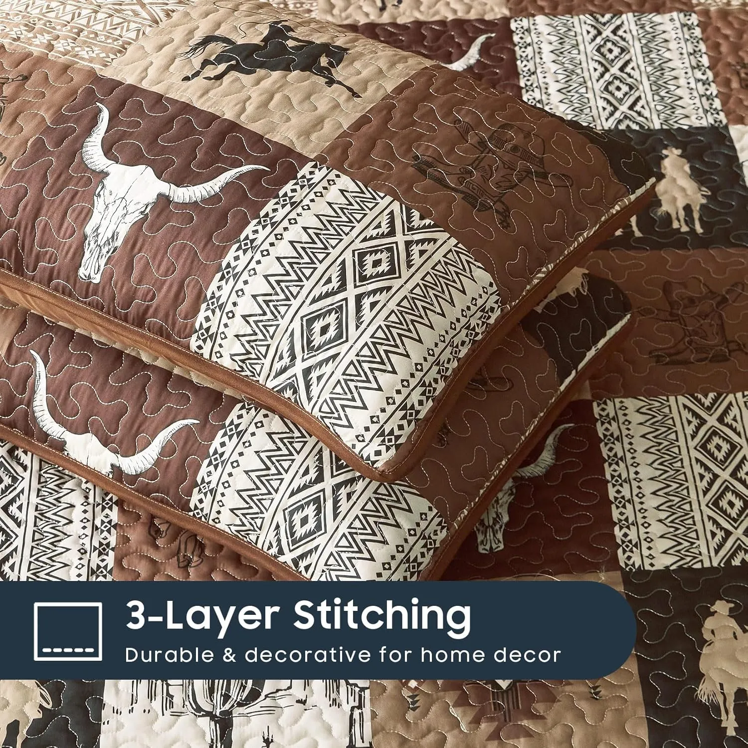 Wake In Cloud - Western Quilt Set, Southwestern Aztec Country Horse Cowboy Ranch Tribal Native American, Reversible Lightweight Bedspread Coverlet, 3 Pieces, Tan Brown, Queen/Full Size