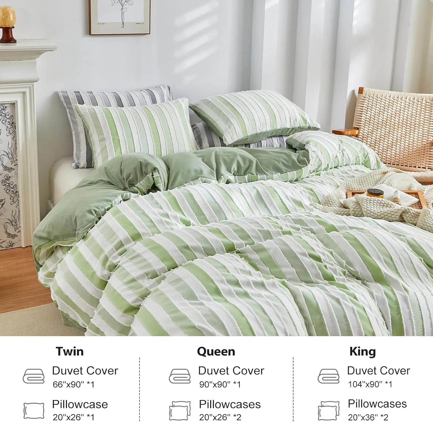 WARMDERN White and Green Boho Duvet Cover King Size, Striped Tufted Duvet Cover Set, Textured Bedding Set, 3 Pcs Soft Microfiber Bedding with Zipper and Conner Ties(King, White Green)