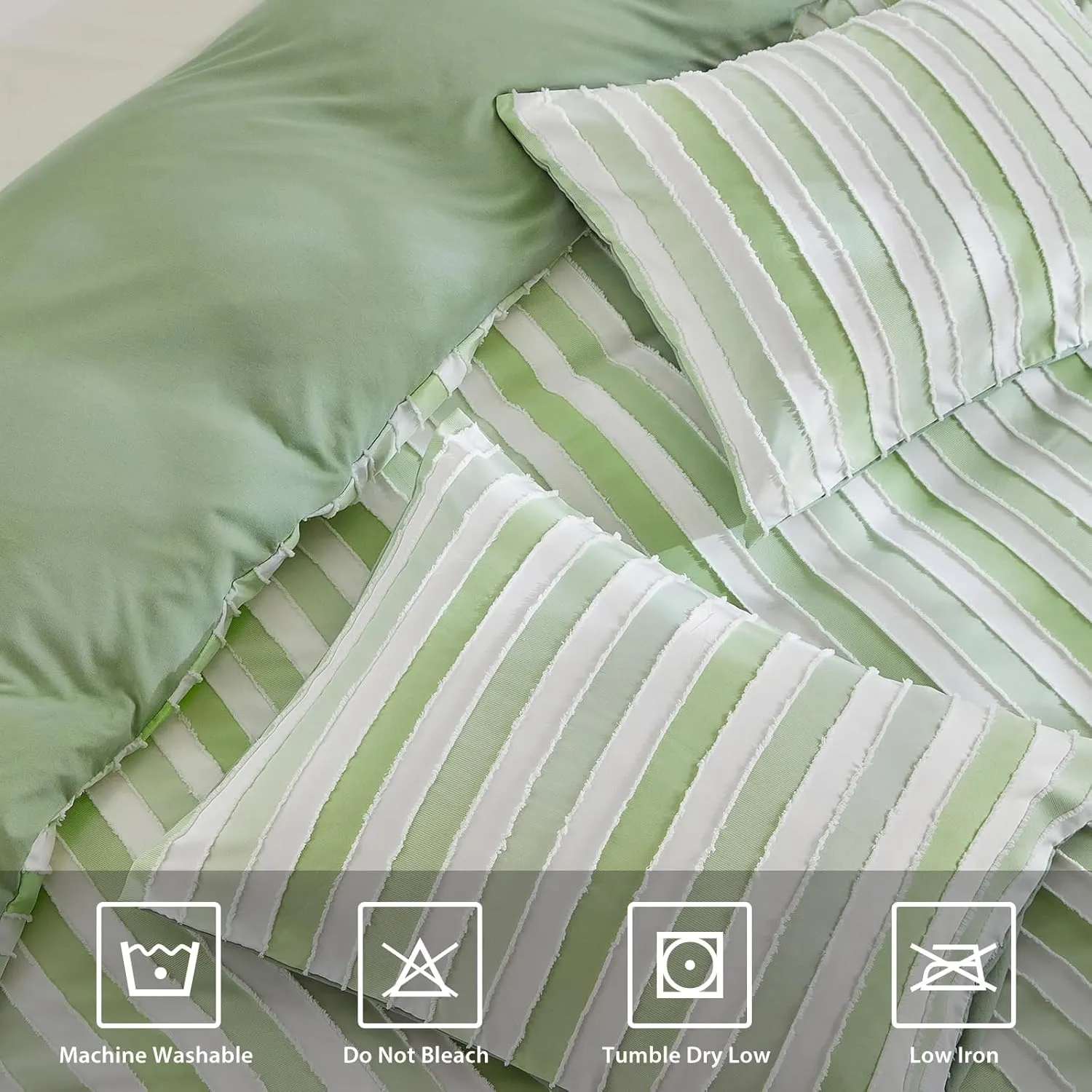 WARMDERN White and Green Boho Duvet Cover King Size, Striped Tufted Duvet Cover Set, Textured Bedding Set, 3 Pcs Soft Microfiber Bedding with Zipper and Conner Ties(King, White Green)