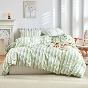 WARMDERN White and Green Boho Duvet Cover King Size, Striped Tufted Duvet Cover Set, Textured Bedding Set, 3 Pcs Soft Microfiber Bedding with Zipper and Conner Ties(King, White Green)