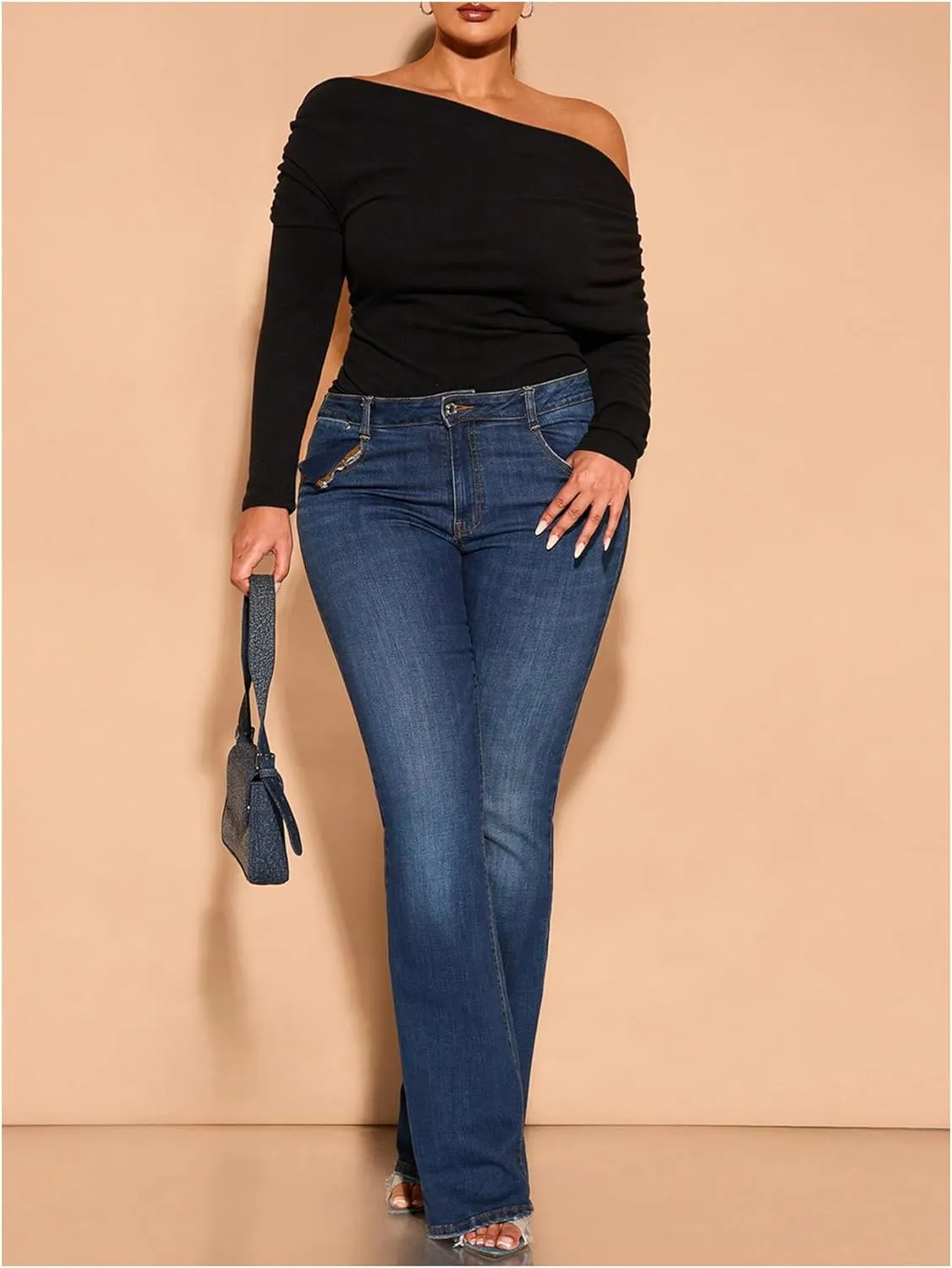 WDIRARA Women's Plus Size Off Shoulder Bodysuit Ruched Long Sleeve Asymmetrical Body Suit Tops