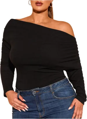 WDIRARA Women's Plus Size Off Shoulder Bodysuit Ruched Long Sleeve Asymmetrical Body Suit Tops