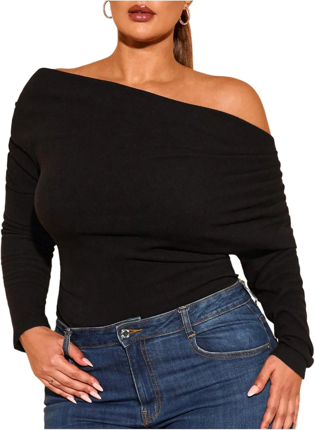WDIRARA Women's Plus Size Off Shoulder Bodysuit Ruched Long Sleeve Asymmetrical Body Suit Tops